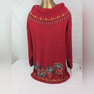 Victoria Jones Woman Red Cowl Neck Sweater Floral Beaded Embroidery Size Medium